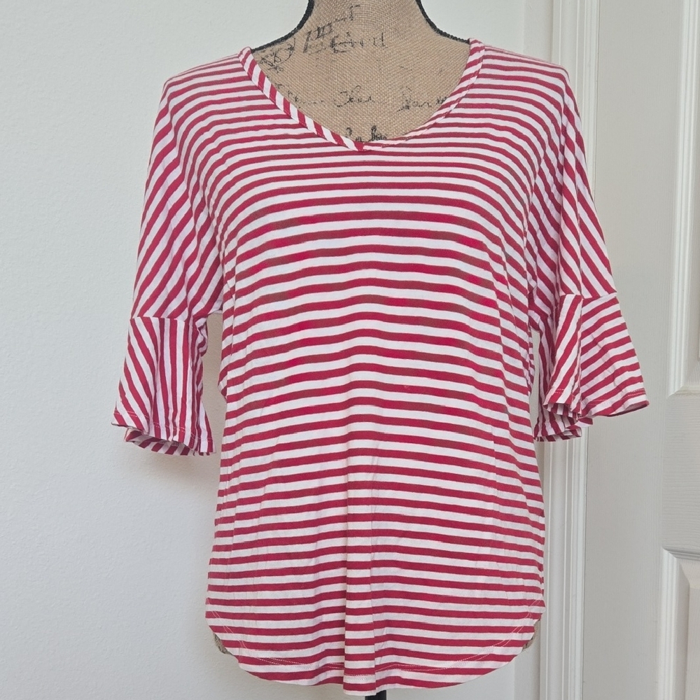 CAbi Red and White Striped Long Sleeve Top